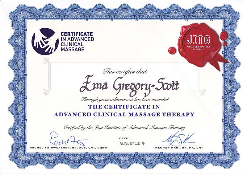 Jing Certificate in Advanced Clinical Massage Therapy ACMT
