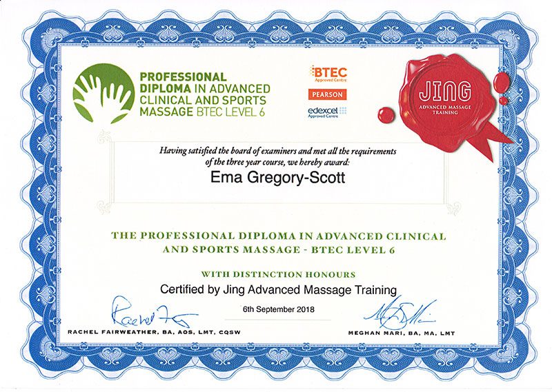 BTEC Level 6 Professional Diploma in Advanced Clinical and Sports Massage with Distinction